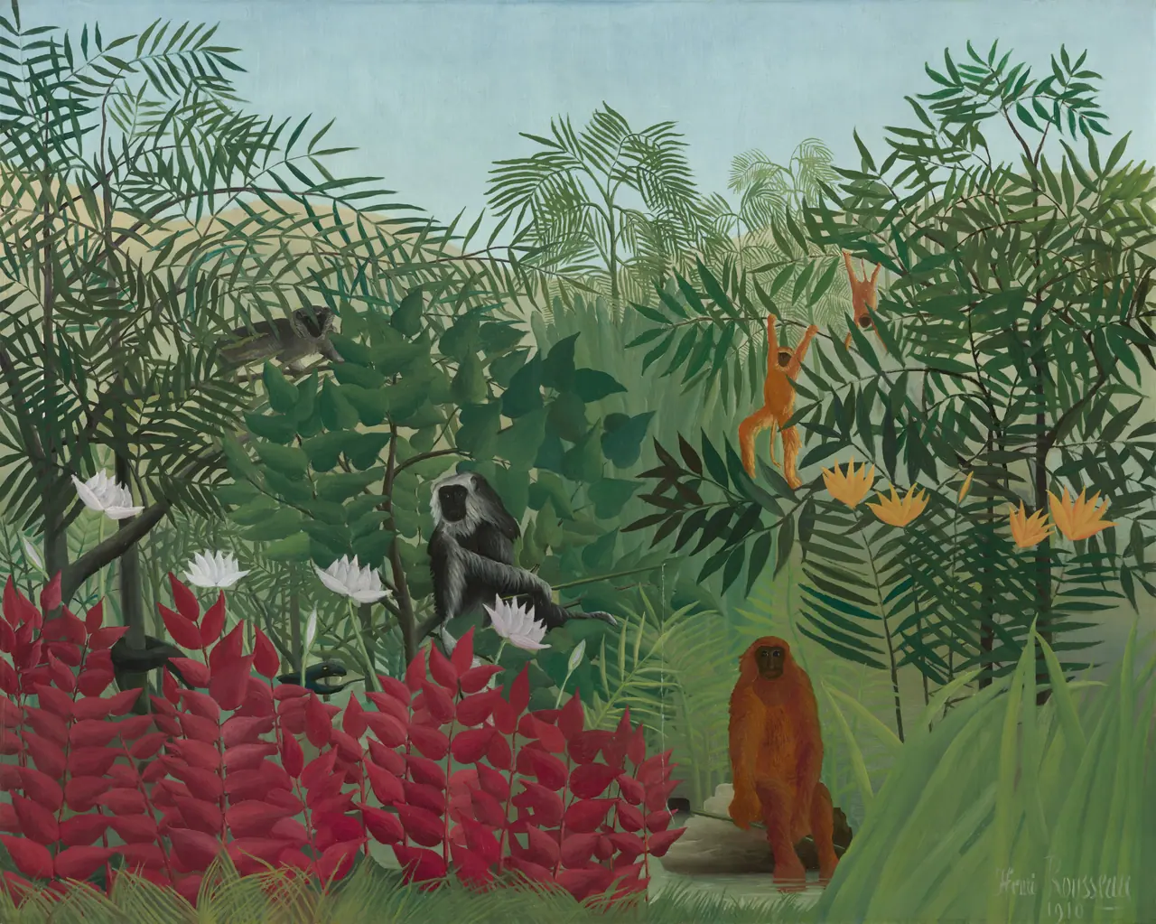 Tropical Forest with Monkeys, Henri Rousseau, 1910: a dense green jungle with red flowers and monkeys among the leaves
