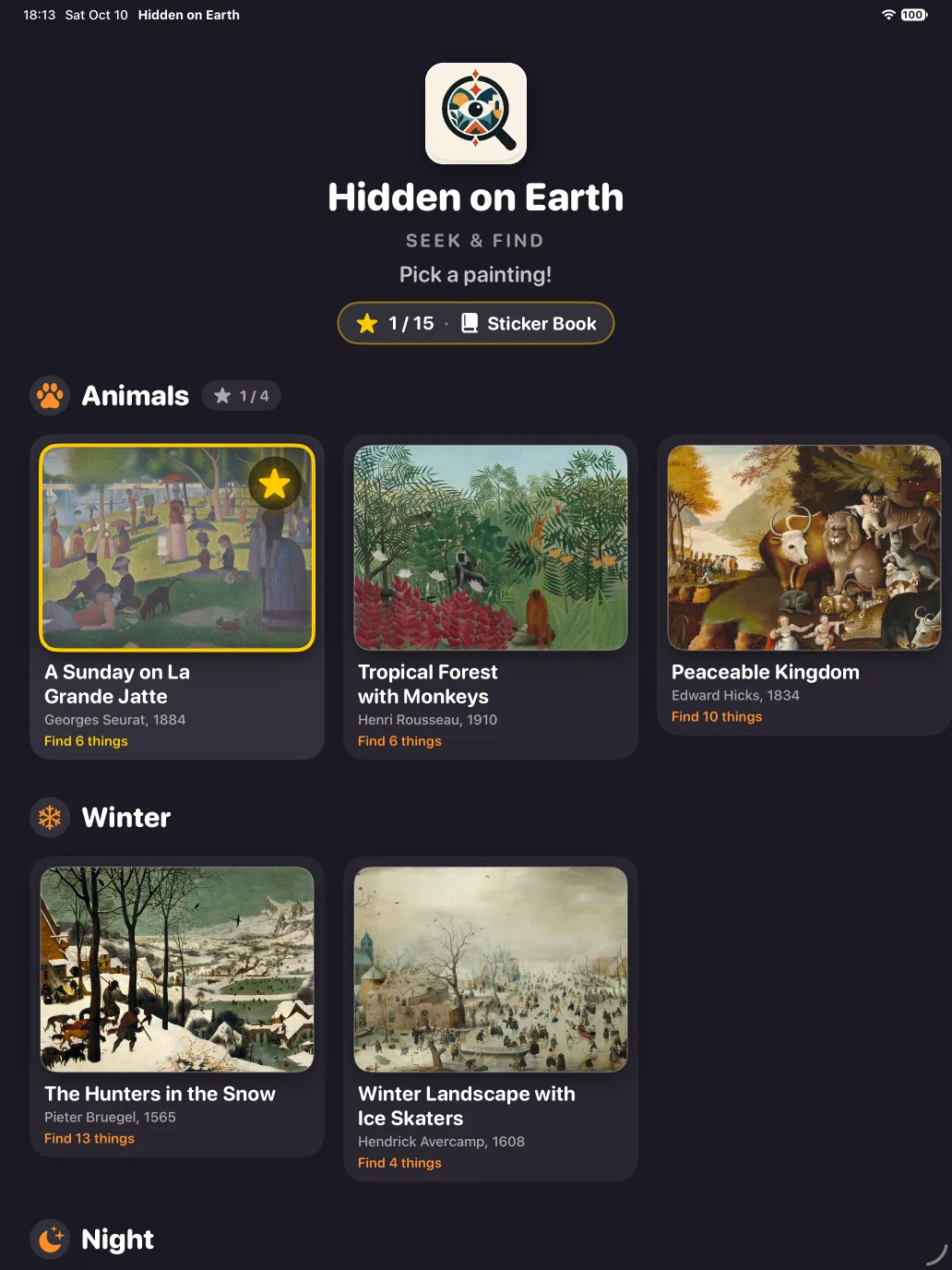 Home screen: paintings in rows named Animals, Winter and Night, with a gold star on a finished one