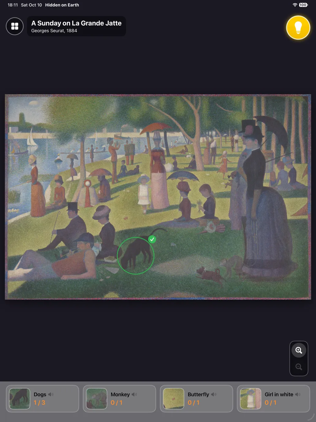Seurat's A Sunday on La Grande Jatte with a green ring around a found dog and four cards below: Dogs 1 of 3, Monkey, Butterfly, Girl in white