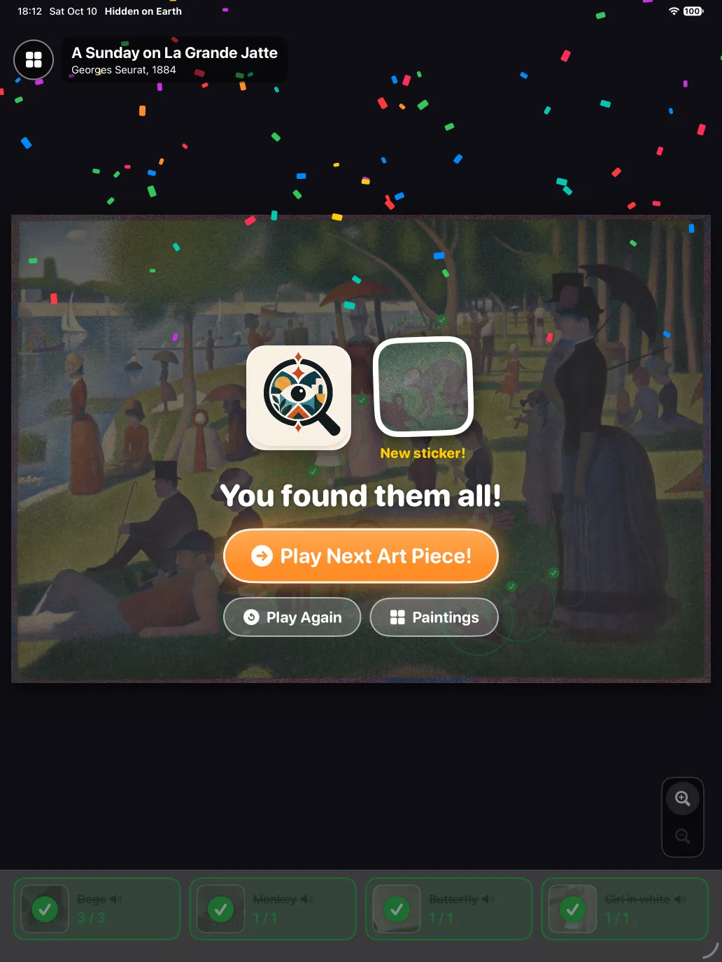 Win screen with confetti, the words You found them all! and a new sticker
