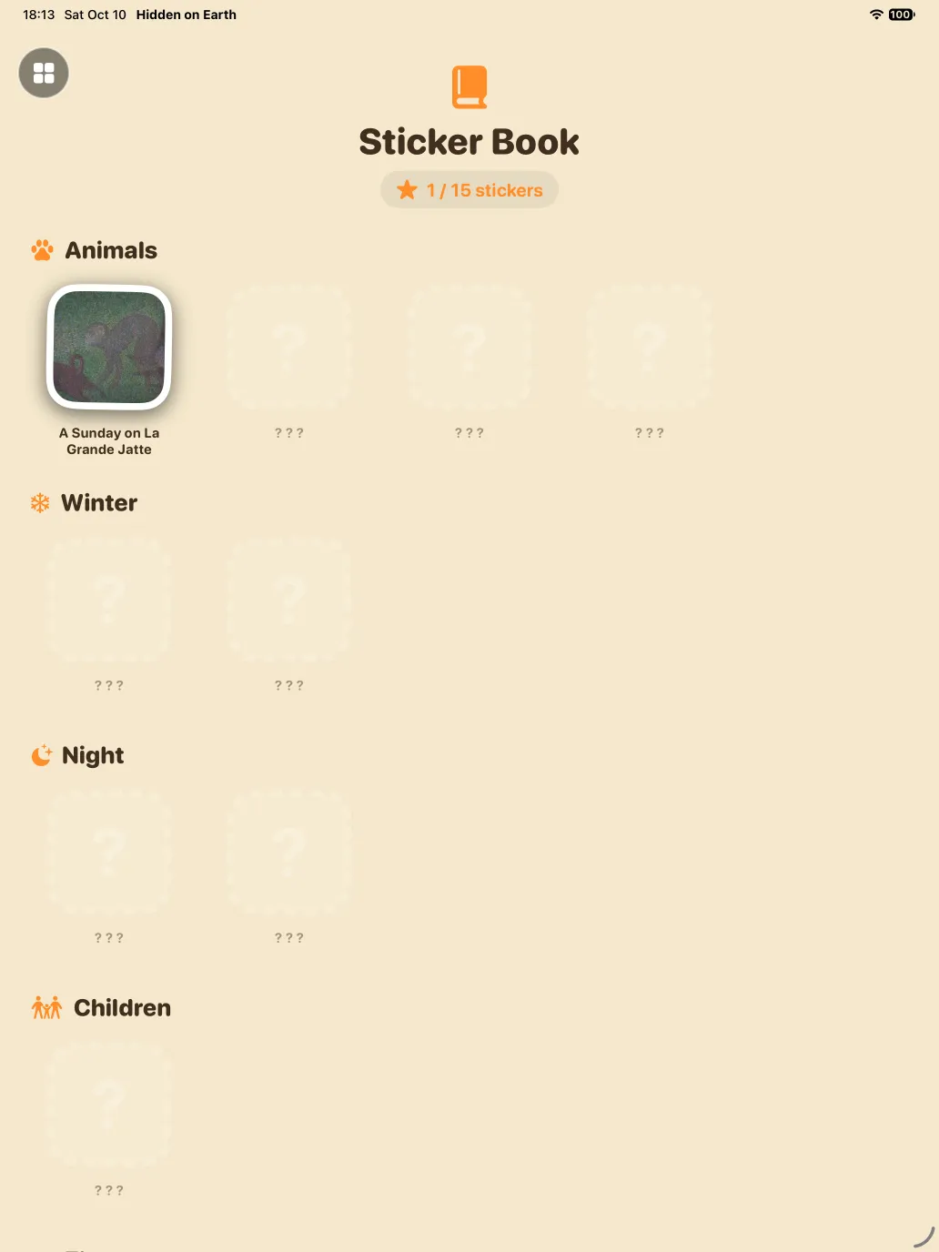 Sticker book on a cream page with one sticker earned and empty slots marked with question marks